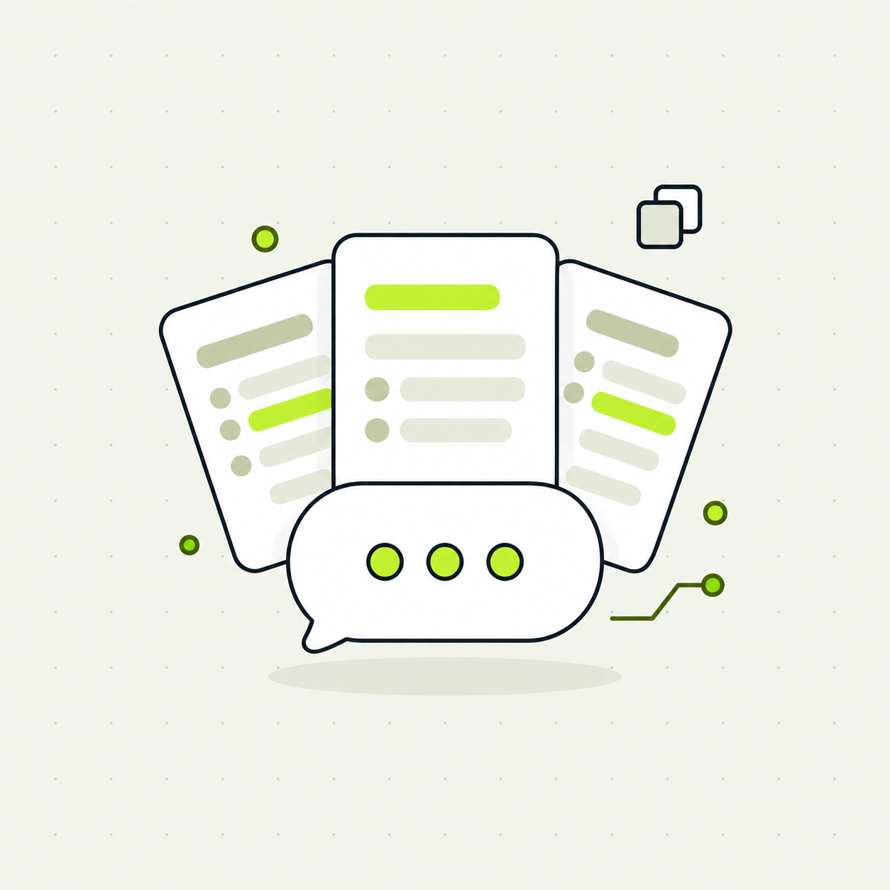 Illustration of fanned prompt cards above a chat bubble